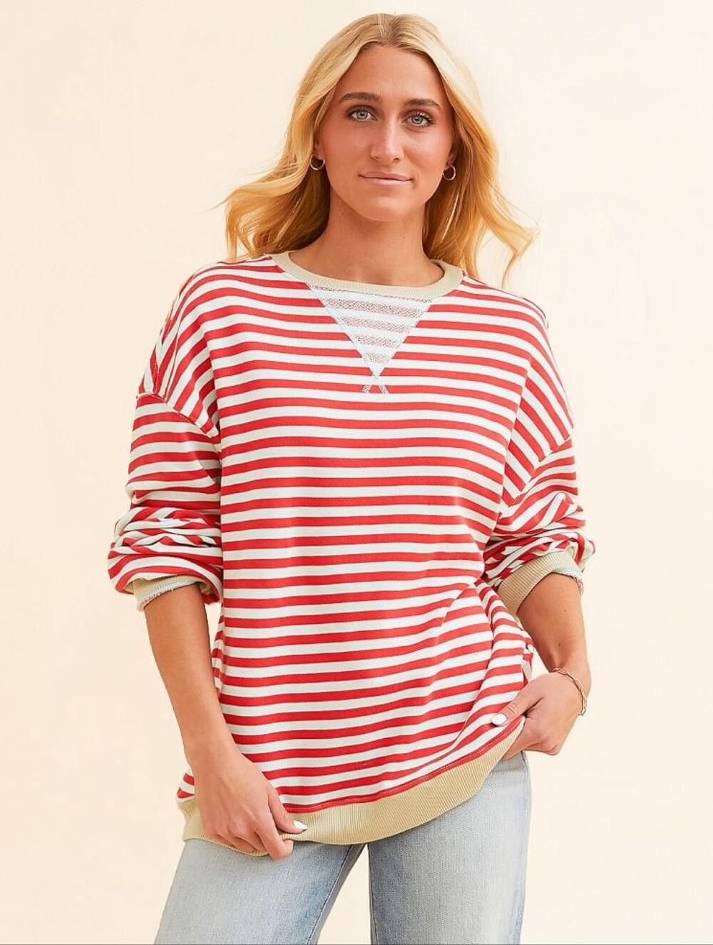 Free People Red and Cream Striped Crewneck Sweatshirt